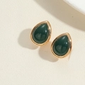 Minimalist gold teardrop stud earrings with elegant dark green turquoise inlay settings - Green Turquoise