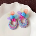 Orecchini in rafia intrecciata colorata con fiori di tulle macaron per la spiaggia - Ovale in Rafia Colorata Con Fiori in Mesh (6#)