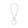 Close-up of sparkling rhinestone lanyard with silver metal ring and clasp keychain - White