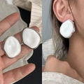 Pair of large irregular silver-edged stud earrings with white matte oil drop inlay - Silver/White Irregular Geometric