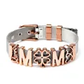Detail of 10mm stainless steel mesh bracelet with rose gold Love and MOM charms - J-Rose Gold (MOM Clover)