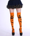Orange Halloween over-the-knee socks featuring black haunted house and bat patterns - One Size / Orange Halloween Style