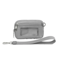 Detalle de monedero de lona gris con ranura transparente para tarjetas y asa de mano - Gris