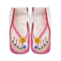 Detailed view of white socks with 3D flip-flop print and blue nail polish design - Smiley Face