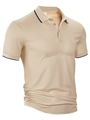 Détail d'un polo beige avec rayures contrastées bleu marine et orange au col et aux manches - S / Kaki