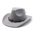 Detail of grey wool felt western cowboy hat with brown wooden beaded decorative band - Gray
