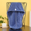 Absorbent coral fleece hair drying towel in deep blue with a white button closure - Solid Grey Blue