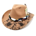 Chapeau de cowboy en feutre kaki avec imprimé fleurs papillons et ruban plume - Camel / M (56-58cm)