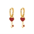 Golden S925 huggie earrings with red enamel heart key charms on a white background - Heart Key Pendant / Red/Gold