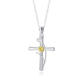 Silver-tone stainless steel cross necklace with rose detail and yellow gemstone center - Cross November Calla Lily
