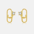 Minimalist gold paperclip stud earrings featuring a single white sparkling zircon stone - 925 Silver / 18K Gold