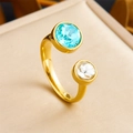 Retro 18K gold plated stainless steel open ring with blue and clear crystal stones - Blue White Double Stone Open Style (R529) / Adjustable Open