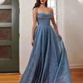 Elegant blue glitter sleeveless maxi dress with spaghetti straps and pleated bodice - S / Blue
