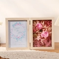 Deep wooden double-frame flower box with pink preserved roses and a floral greeting card - 7" / Natural Wood Color