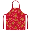 Rote Weihnachtsschürze mit festlichen Motiven von Lebkuchenmann und Zuckerstangen - Einheitsgröße / Weihnachtsplätzchen