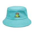 Close-up of a frog sitting among mushrooms embroidery on a teal cotton bucket hat - M(56-58cm) / Sky Blue