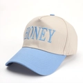 Macro detail of the high-density cotton canvas and 3D 'HONEY' embroidery on baseball cap - Light Blue