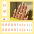 Detail of 24pcs yellow French tip press-on nails with white daisy floral patterns - Yellow Flower (W125)