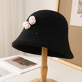 Cute black fleece bucket hat for women with a white polka dot bow and beaded face detail - M (56-58cm) / Dog Style / Black