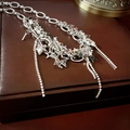 Close-up of silver layered necklace featuring rhinestone tassels and hollow star pendants - Silver