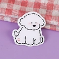 Cute white Bichon Frise acrylic brooch pin with pink paws on a purple base background - Bichon Dog 3