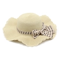 Cappello di paglia estivo da donna con tesa larga ondulata e nastro a scacchi per la spiaggia - M (56-58cm) / Beige