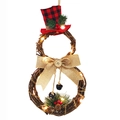 Snowman-shaped Christmas rattan wreath with LED warm lights, pine cones, and a top hat - Round Rattan Ring / Warm White