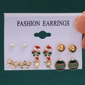 Christmas stud earring set featuring bows, pearls, and candy canes on a white card - 31 Bow Figure Color Ball (6 Pairs Set)