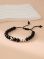 Matte black beaded soccer bracelet with silver 'L' letter bead and adjustable knot - Letter L