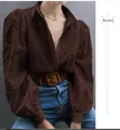 Brown hollow-out embroidery lantern sleeve V-neck cardigan blouse for women - XS / Brown