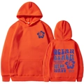 Bright orange pullover hoodie with blue hibiscus print and retro surf back graphic - S / Orange (Blue Print)