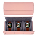 Pink PU leather 3-slot watch roll organizer with snap closure and soft gray lining - 3 Slots Pink + Grey