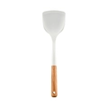 White silicone spatula with ergonomic wooden handle for non-stick cookware kitchen use - Spatula
