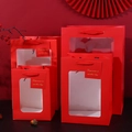 Red festive gift bags with transparent windows and braided handles in various sizes - 15x10x20cm / Red