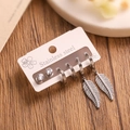 Macro detail of stainless steel earring set with feather charms and zircon on a display card - Feather Pendant Set