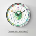 Horloge murale éducative avec cadre blanc et motif dinosaure vert pour enfants - 10" / Style Dinosaure Cadre Blanc