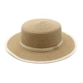 Dettaglio della trama di un cappello di paglia a testa piatta con nastro avorio intrecciato - M (56-58cm) / Cachi