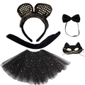 Panoplie de souris noire 5 pièces avec serre-tête à paillettes et jupe tutu assortie - Serre-tête Oreilles Rondes à Paillettes Et Nœud Papillon Et Masque à Paillettes Et Queue Et Jupe Tutu à Paillettes Étoilées