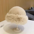 Elegant beige faux fur bucket hat featuring a fluffy texture and thick warm lining - Milk Tea