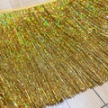 Golden holographic fringe trim with laser rainbow effect for party costumes and decor - Laser Gold
