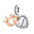 Close-up of silver heart charm with Queen engraving and rose gold crown pendant - Queen Crown Rose Gold Combined Charm (CYT344)