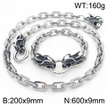 Silver stainless steel dragon head square chain set including necklace and bracelet - Dragon Head Set (KS217065-Z)