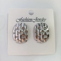 Retro stainless steel woven texture rectangular stud earrings in silver finish - Checkerboard / Steel