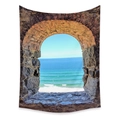 Detail of bohemian wall tapestry with stone arch window and ocean view scenery - Zj714-5