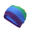Colorful striped knitted turban hat for women in purple, blue, green, and yellow tones - Rainbow Stripes