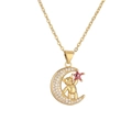 Macro view of gold plated necklace with moon, bear, and pink star pendant detail - Red