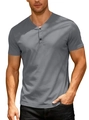 Men's grey short sleeve Henley t-shirt featuring V-neckline with two dark buttons - S / Gray