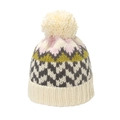 Winter knit beanie with a faux fur pompom and colorful wave pattern for women - Beige / M (56-58cm)
