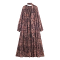 Abito lungo vintage marrone con stampa paisley, scollo a V e gonna a balze - S / caffè