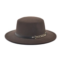 Flat top dark brown wool felt fedora with black leather band and gold chain detail - M (56-58cm) / Coffee